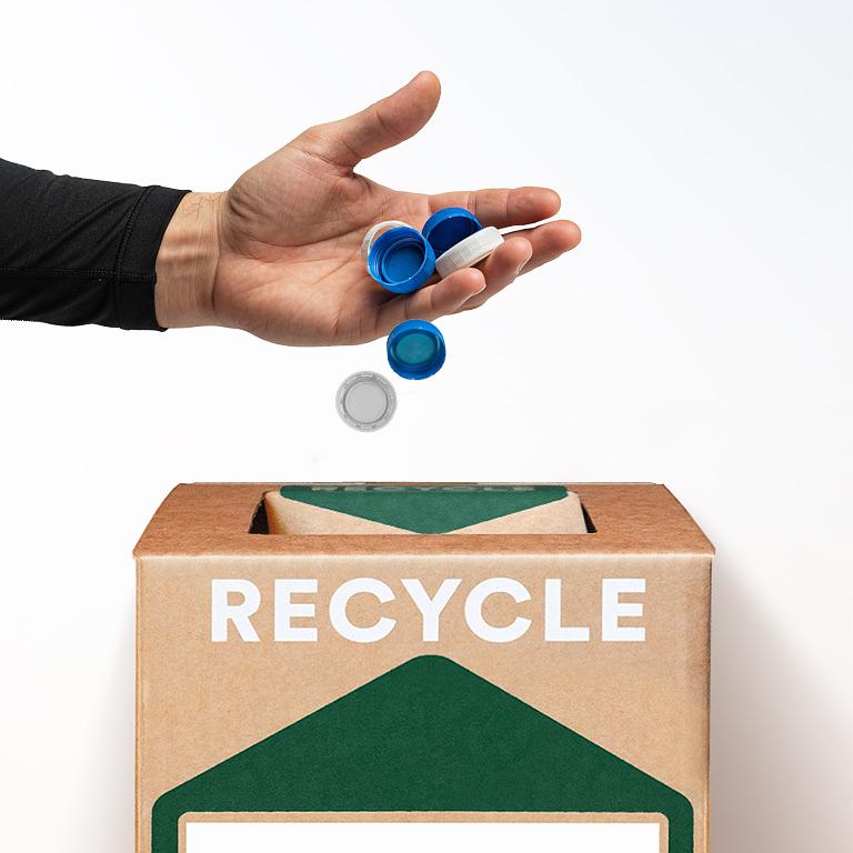 Plastic caps going into a zero waste box