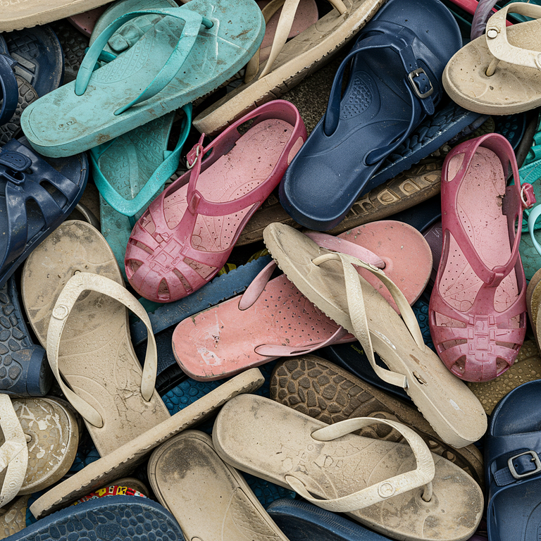 a pile of shoes and sandals to recycle